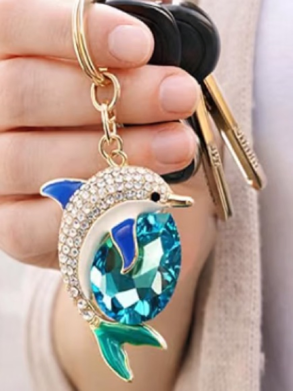 Blue Crystal dolphin bag charm keychain